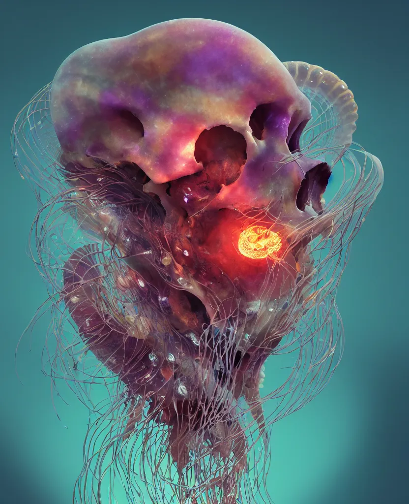 Image similar to goddess close-up portrait animal skull. jellyfish phoenix head, nautilus, orchid, skull, betta fish, bioluminiscent creatures, intricate artwork by Tooth Wu and wlop and beeple. octane render, trending on artstation, greg rutkowski very coherent symmetrical artwork. cinematic, hyper realism, high detail, octane render, 8k