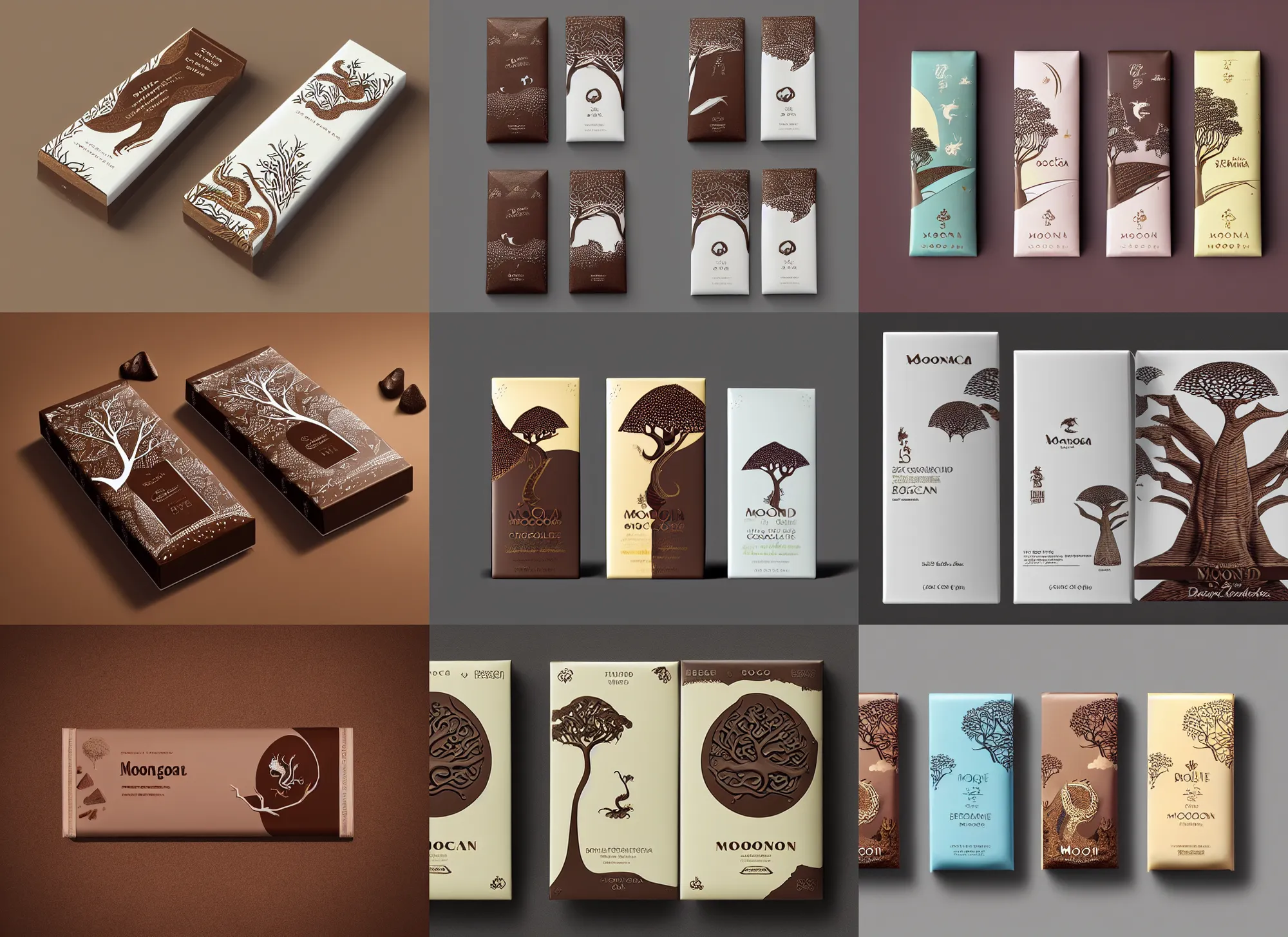 Prompt: conceptual designer chocolate bar packaging, inspired by moonlit socotra island with dragon trees, label design, behance, packaging of the world, award, front label, packaging design, octane render