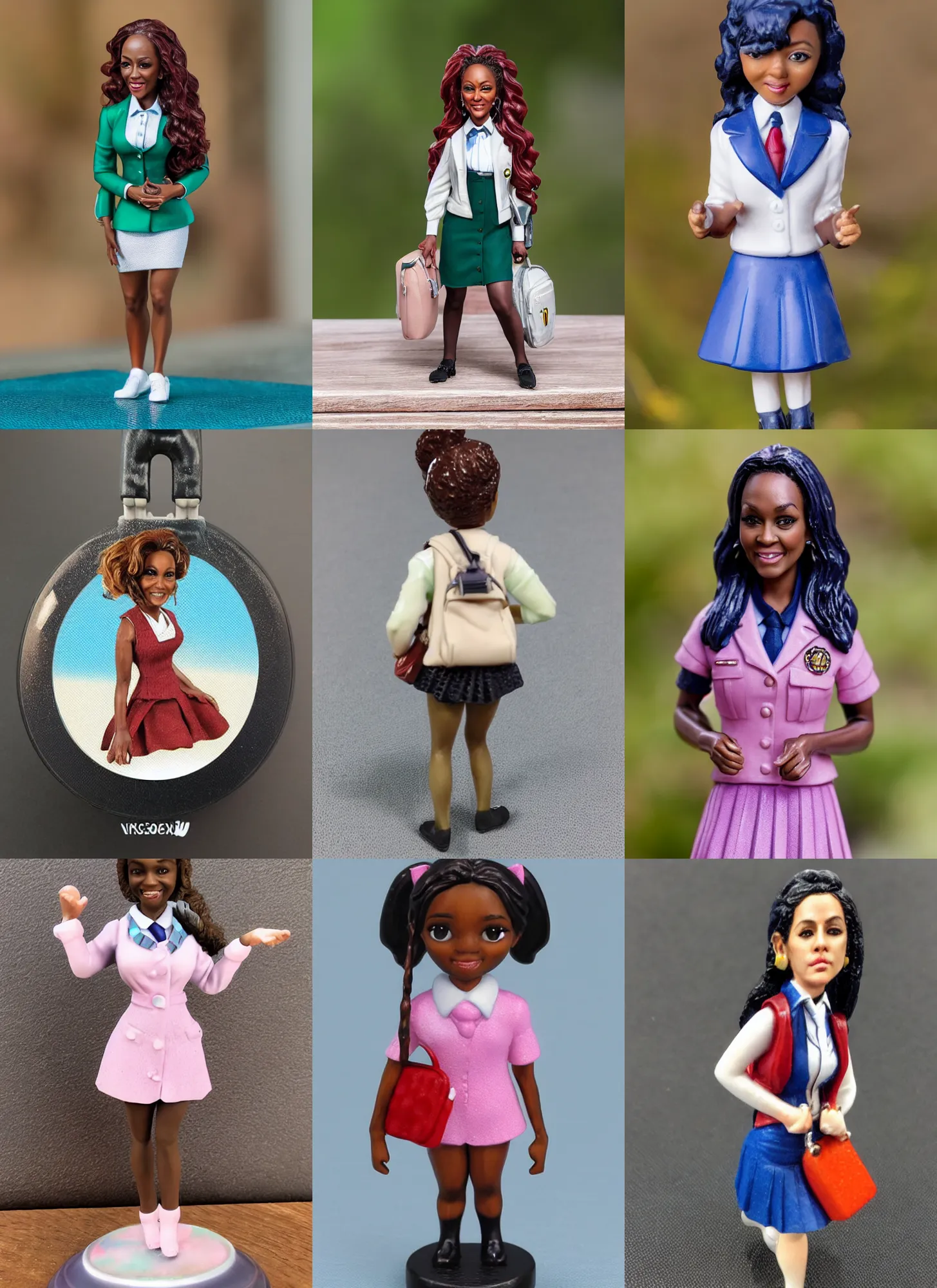 Prompt: 80mm resin detailed miniature of a Vivica A Fox, School uniform, school bag, on textured disc base ;Miniature product Photo, 4K, Full body