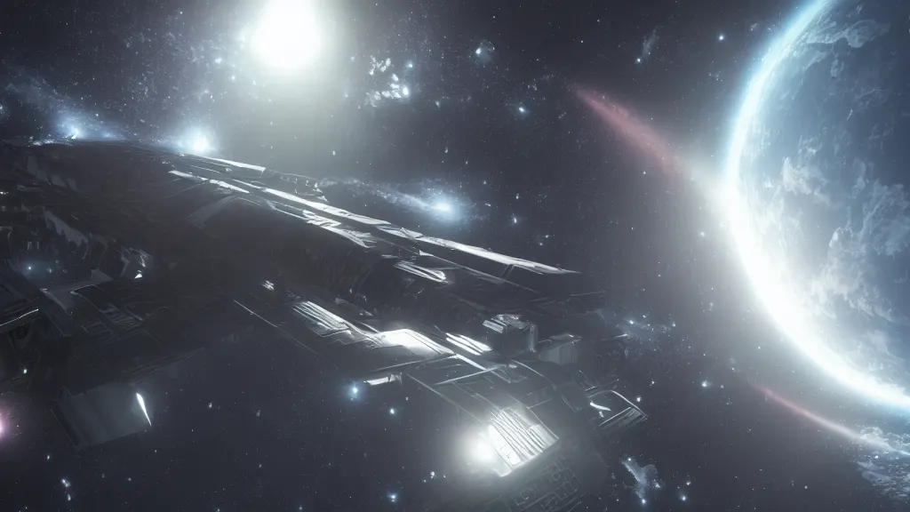 Prompt: a huge spaceship in space, unreal engine, multiverse, hd, halogen, volumetric light