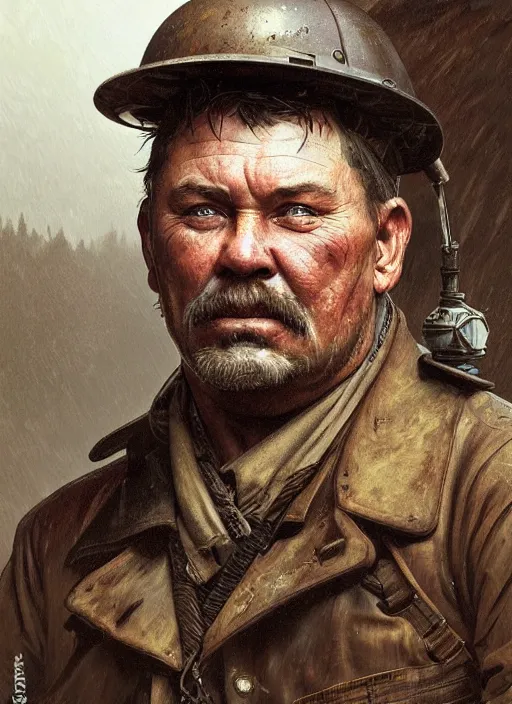 Image similar to a russian railroad electrician!!!, siberia!!, portrait, intricate, dirty, fat, ugly, highly detailed, digital painting, artstation, concept art, wallpaper, smooth, sharp focus, illustration, art by artgerm and greg rutkowski and alphonse mucha