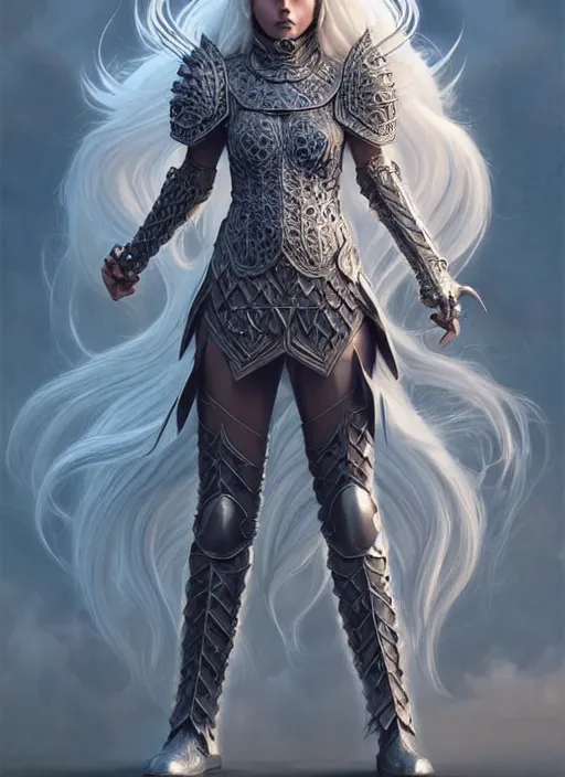 Image similar to opal leather armor!!! long wild white hair!! covered chest!!! fantasy, d & d, intricate ornate details, symmetry, concept art, sharp focus, illustration, art by artgerm! greg rutkowski magali villeneuve wlop! ilya kuvshinov!!, octane render, unreal engine 5, highly rendered!!