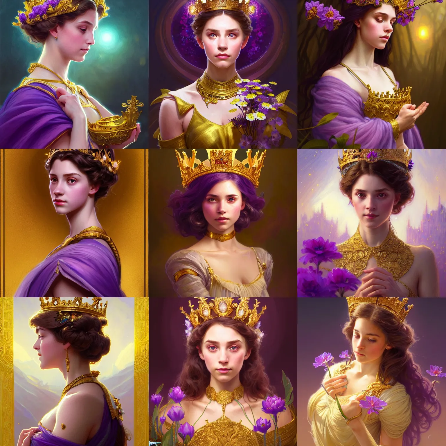 Prompt: portrait of a young princess, attractive, upper body, crown of gold and purple flowers, D&D, fantasy, intricate, cinematic lighting, highly detailed, digital painting, artstation, concept art, smooth, sharp focus, illustration, art by Artgerm and Greg Rutkowski and Alphonse Mucha