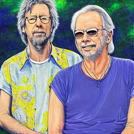 Prompt: portrait of eric clapton with david gilmour, joyful, highly detailed painting by akira toriyama, 8 k