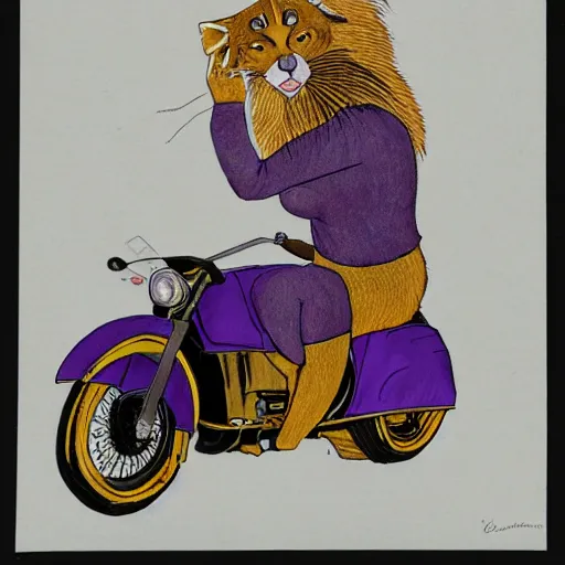 Image similar to a color ink drawing by escher of a slender beautiful woman with straight ginger hair and bangs, wearing purple leathers and gold helmet, posing with large ginger tabby and raccoon on a motorcycle in front yard, holding toasted brioche bun, dramatic lighting