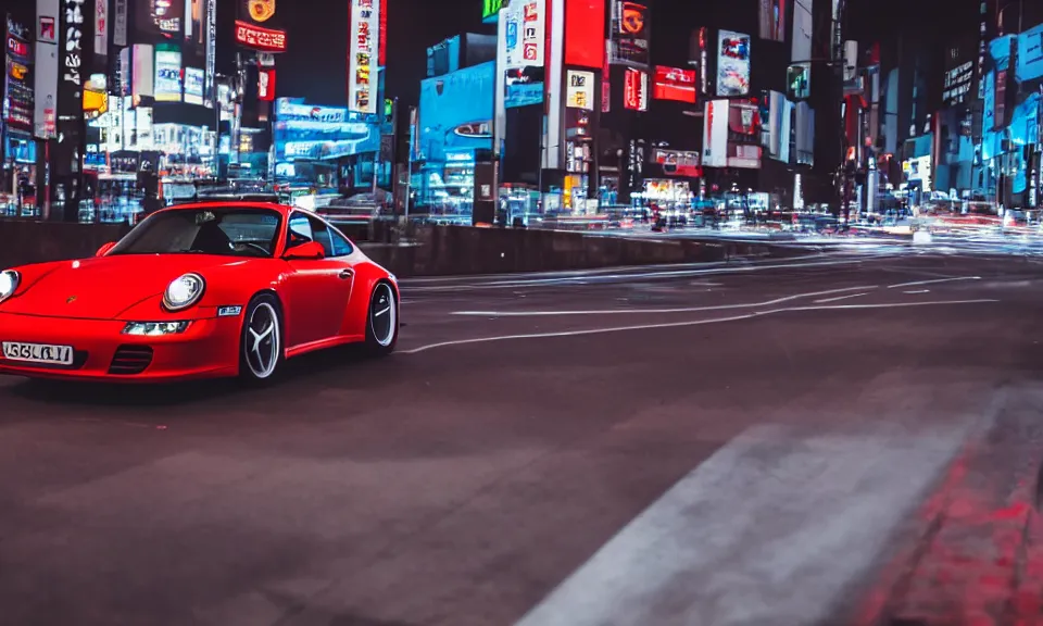 Prompt: photo of a porsche 911 at night driving fast through a city, cinematic, 4k, long exposure photography, tokyo drift, fast and furious, kodak portra 400
