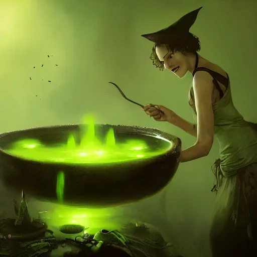 Image similar to a scary witch making green glowing soup from a cauldron, Matte painting , detailed painting, made by Greg Rutkowski, 4k, atmospheric