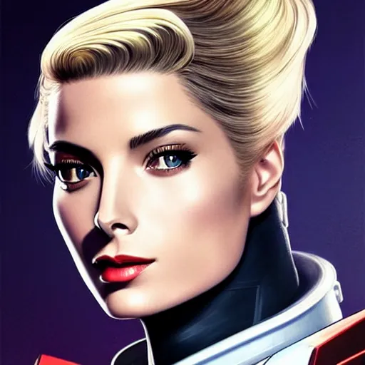 Image similar to A combination of Grace Kelly's and Ada Wong's and Ashley Greene's appearances with blonde hair wearing Interceptor's armor from Anthem, high tech, action shot, angular, full body portrait, futuristic, dramatic, fantasy, intricate, elegant, highly detailed, artstation, matte, sharp focus, 8K, art by Artgerm and Greg Rutkowski and Alphonse Mucha