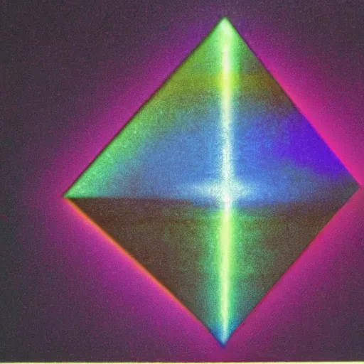 Prompt: black background, an holographic triangle transforming a single light ray into a rainbow, 1970s