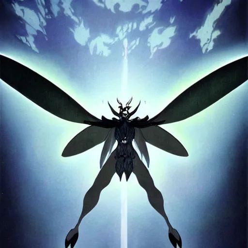 Image similar to 4K photo of mothman with giant wings , flawless anime cel animation by Manabu Oshashi and Satoshi Kon, professionally post-processed , beautiful, scary, symmetry accurate features, epic, octane rendered, anime masterpiece, accurate