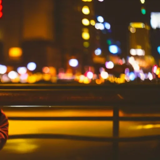 Image similar to a still of Robin Williams. Shallow depth of field. City at night in background, lights, colors ,studio lighting, mood, 4K. Profession photography