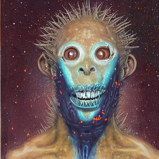 Image similar to a sentient alien from a newly discovered planet. angular jaw, open mouth, large canine teeth and it's throat is covered in spiny hairs, it's smooth bioluminescent skin is splattered by brown freckles on its cheeks, middle aged, hunter gatherer, portrait painting, beautiful, hyperrealistic