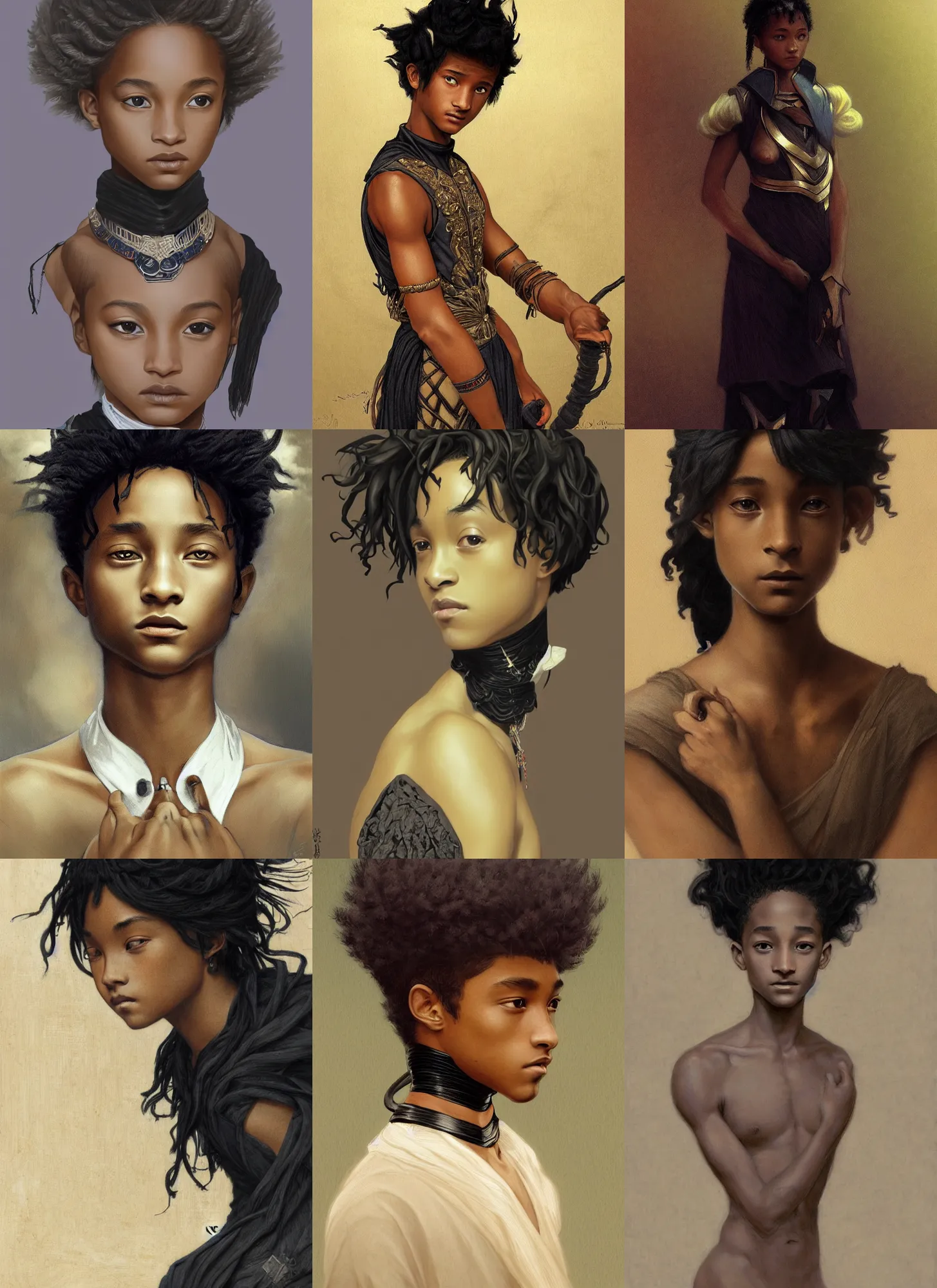Prompt: young jaden smith as ancient libu, black hime haircut, broad collar, intricate, elegant, highly detailed, digital painting, artstation, concept art, smooth, sharp focus, illustration, orientalism, bouguereau, rutkowski, mucha