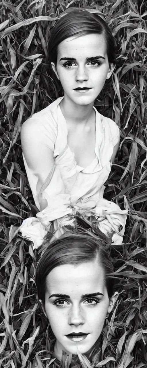 Image similar to photo photorealistic medium shot head and chest portrait photograph Emma Watson picnic in a corn field 1950s portrait by Norman Rockwell, Cecil Beaton, Lee Miller, Irving Penn, David Bailey, Corinne Day, Patrick Demarchelier, Nick Knight, Herb Ritts, Mario Testino, Tim Walker, Bruce Weber, Edward Steichen, Peter Lindbergh, Albert Watson