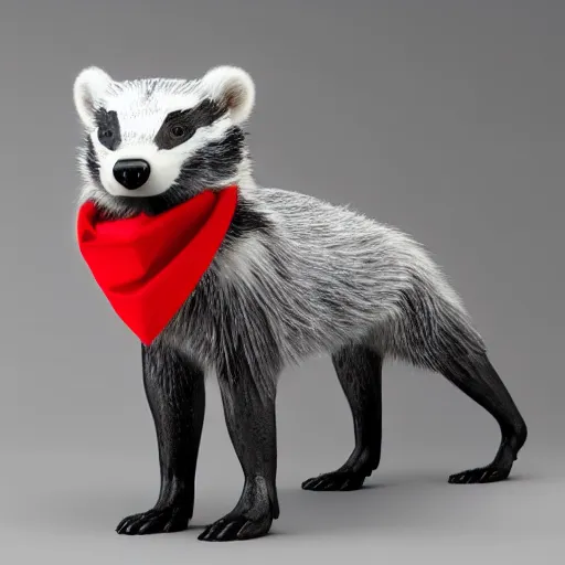 Image similar to a humanoid friendly badger walking on white background towards the camera, he‘s wearing a red neckerchief, clean digital render