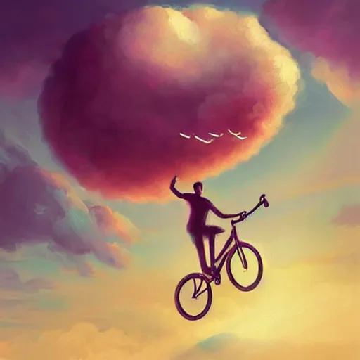 Image similar to A striking painting of a happy man flying in the sky on his bicycle in the clouds, digital art by Ross Tran