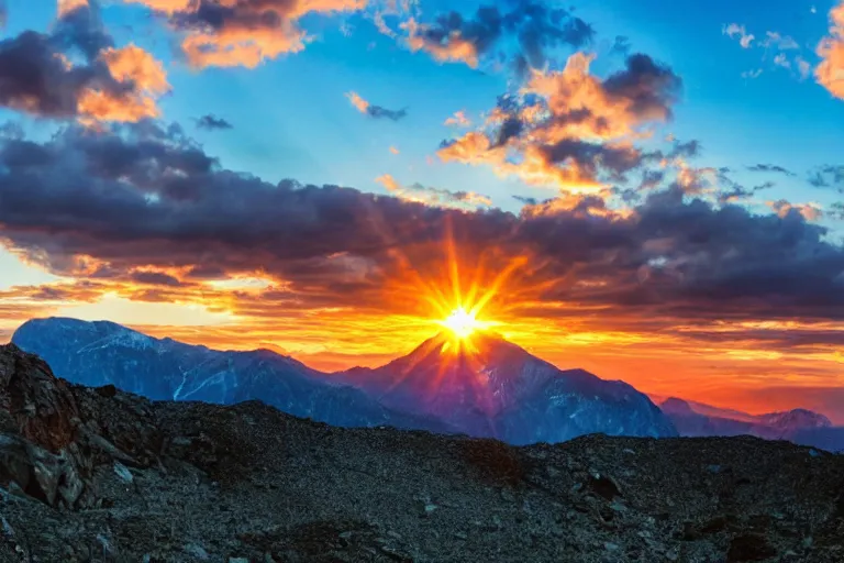 Image similar to a movie still of a mountain landscape at sunset, golden hour