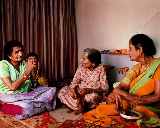 Prompt: A grandma telling stories to her grandchildren in a Indian suburban home, Photograph by andrei tarkovsky, shot on a large format film camera, 8K