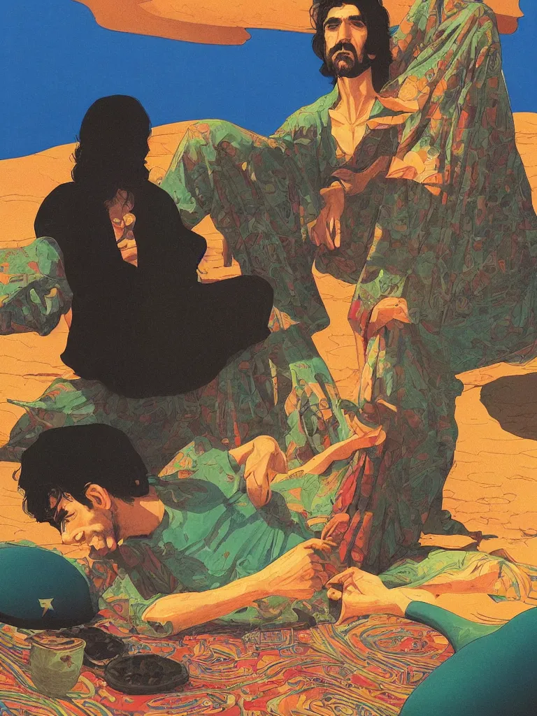 Prompt: a closeup portrait of george harrison taking mind altering drugs, a blotter paper of lsd acid and dreaming psychedelic hallucinations in the vast landscape of egypt, by kawase hasui, moebius, edward hopper, colorful flat surreal design, dramatic lighting, hd, 8 k, artstation