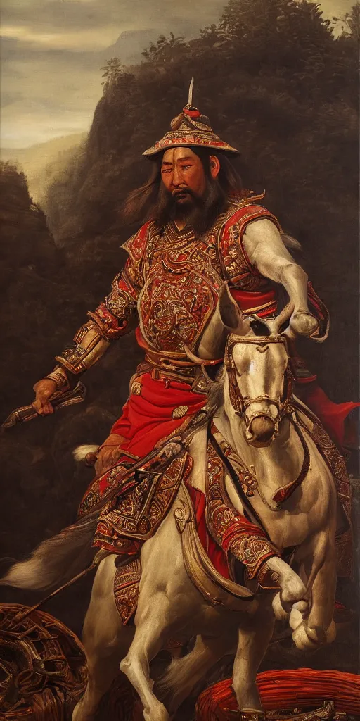 Image similar to Highly detailed and cinematic Renaissance period portrait oil painting Kublai Khan, an oil painting ((masterpiece)) by ((Josep Tapiró Baró)), dynamic lighting, 8K