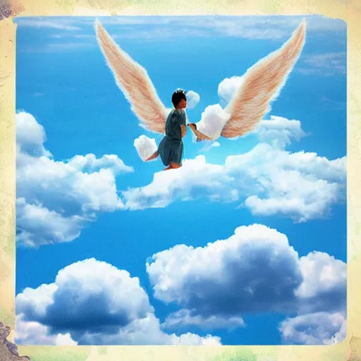 Image similar to bright blu sky. fluffy clouds. angels with big wings wake - up