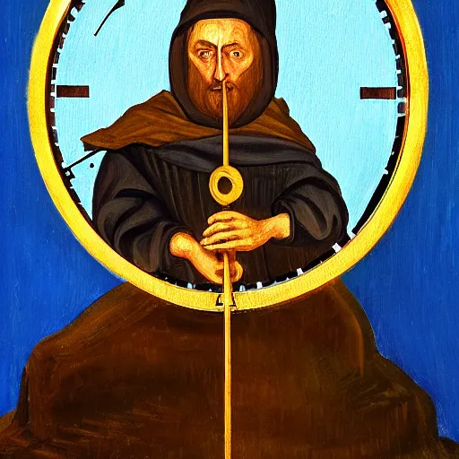 Image similar to medieval monk maintaining an extremely complex mechanical clock, oil painting, warm lighting