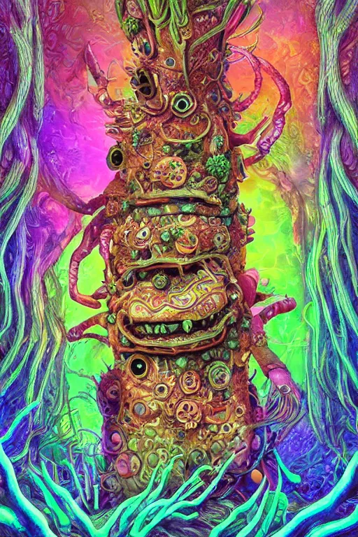 Image similar to creature sushi roots cactus elemental flush of force nature micro world fluo light deepdream a wild amazing steampunk baroque ancient alien creature, intricate detail, colorful digital painting radiating a glowing aura global illumination ray tracing