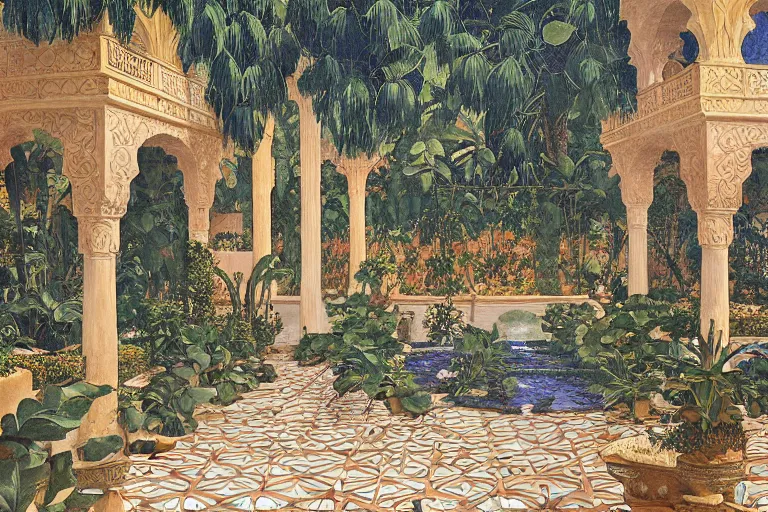 Prompt: painting of a beautiful moorish palace courtyard garden, by maxfield parrish and evelyn de morgan and a. j. casson and donato giancola, patterned tilework, palm trees, tiled fountains, extremely detailed, cinematic lighting, smooth sharp focus