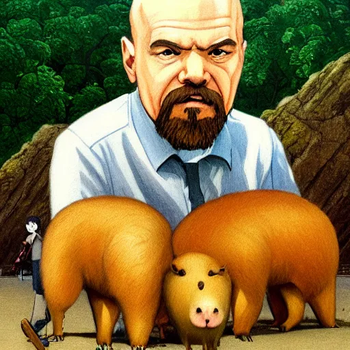 Prompt: an epic painting of vladimir lenin petting capybara, oil on canvas, anime style, ghibli studio, animation film, perfect composition, golden ratio, beautiful detailed, photorealistic, digital painting, concept art, smooth, sharp focus, illustration