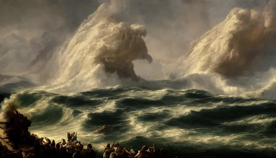 Image similar to Baroque painting of a tsunami hitting Athens, hyperdetailed, artstation, cgsociety, 8k