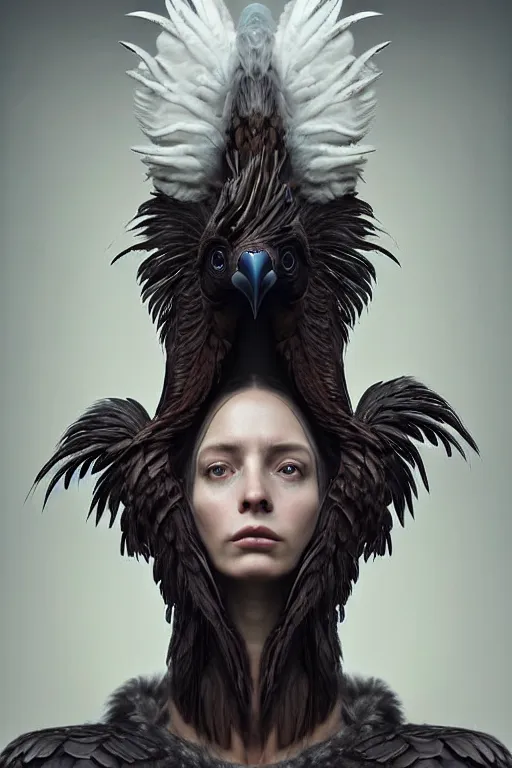 Prompt: epic professional digital portrait of female anthropomorphic human - eagle hybrid, wearing human air force jumpsuit, humanoid feathered head, eagle beak, by lisa roet, leesha hannigan, wayne haag, iris van herpen, artstation, cgsociety, epic, much wow, much detail, gorgeous, detailed, cinematic, masterpiece