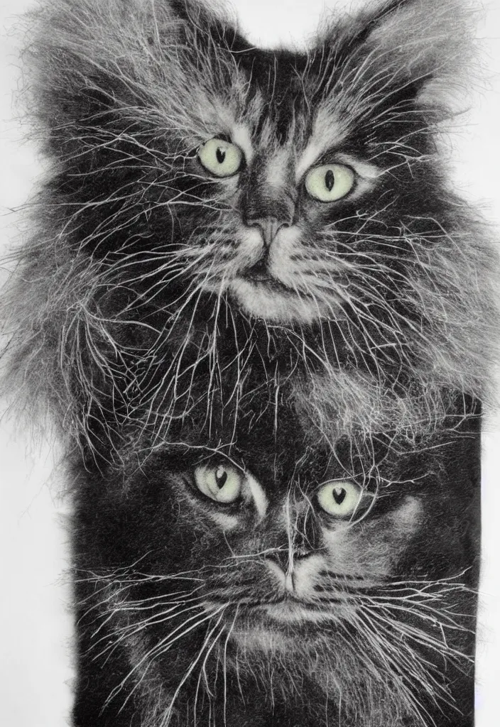 Image similar to fluffy cat t - shirt design, afro comb, by jules julien, man ray, dark grisaille monochrome neon spraypaint, ironic surrealism