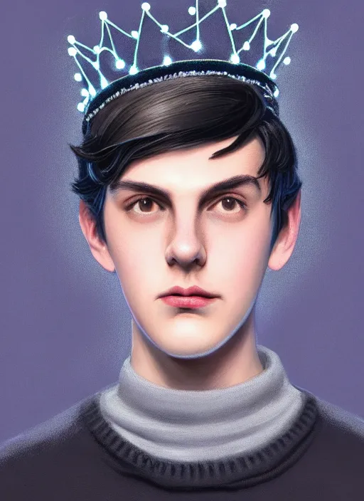 Image similar to portrait of teenage jughead jones wearing a light grey crown, crown, blue turtleneck, closed eyes, photorealistic, black hair, glowing lighting, intricate, elegant, glowing lights, highly detailed, digital painting, artstation, concept art, smooth, sharp focus, illustration, art by wlop, mars ravelo and greg rutkowski