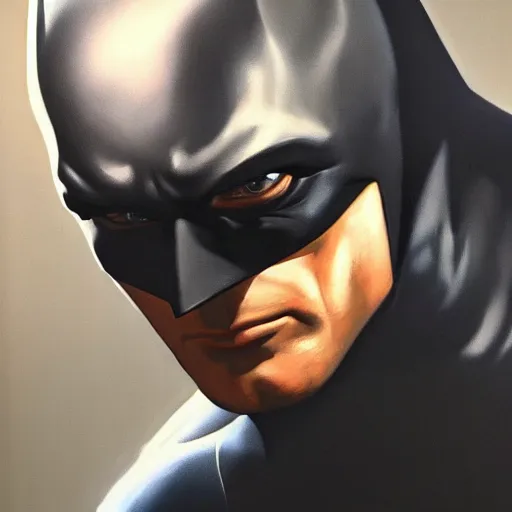 Image similar to An ultra-realistic portrait painting of Batman in the style of Alex Ross. 4K. Ultra-realistic. Extremely detailed. Epic lighting. Award-winning