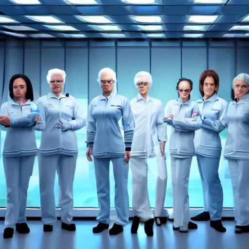 Image similar to line of six women of varying heights and body shapes, white hair, tight light blue neopren space uniforms, futuristic chemistry lab, sci - fi, highly detailed, cinematic