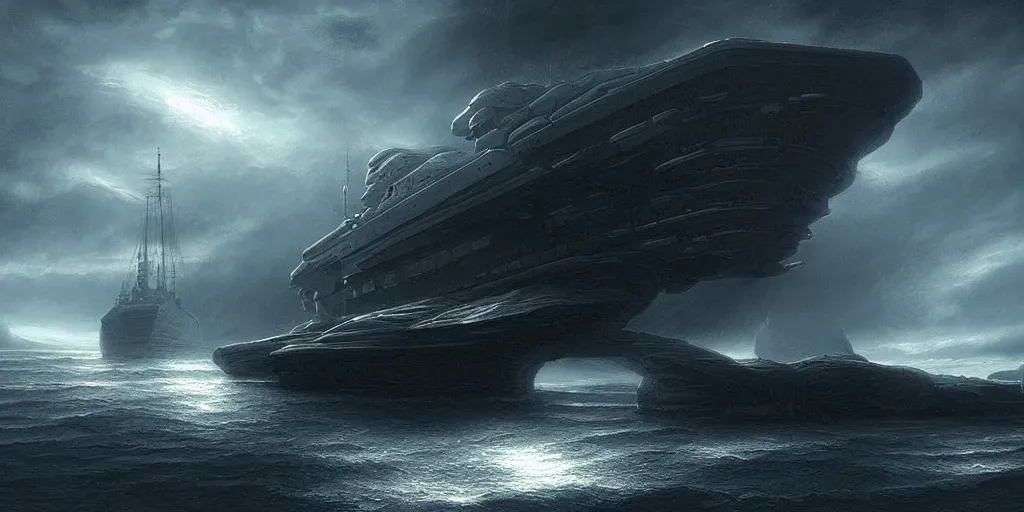 Image similar to Prometheus ship, evening, detailed matte painting, Giger, Artstation