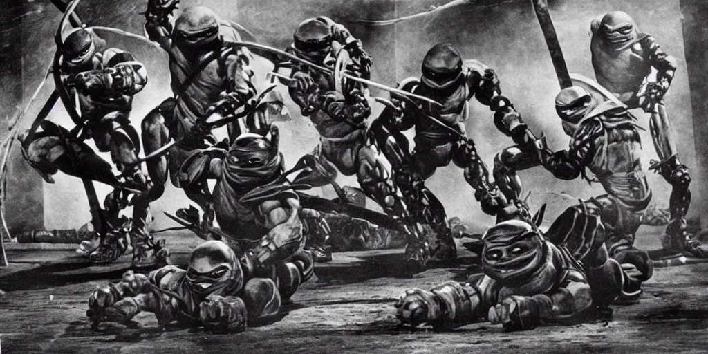 Prompt: old photo of robot ninja fighting teenage mutant ninja turtles by akira kurosawa