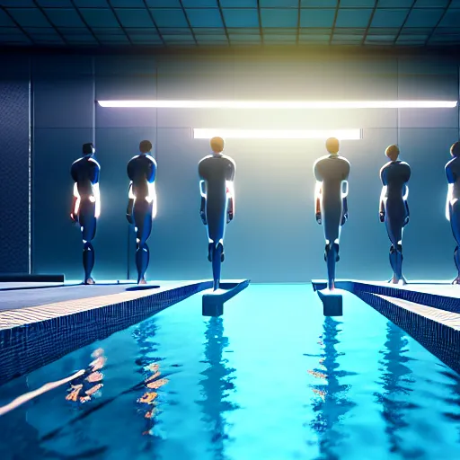 Image similar to a group of androids about to jump in a swimming pool ultra realistic, lens flare, atmosphere, glow, detailed, intricate, full of colour, cinematic lighting, trending on artstation, 4 k, hyperrealistic, focused, extreme details, unreal engine 5, cinematic, masterpiece, ultra realistic, hyper realistic, highly detailed, sharp focus, digital art