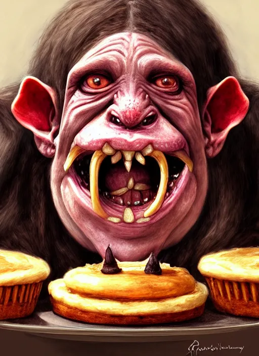 Prompt: portrait of a medieval goblin eating cakes beautiful face hyper realistic highly detailed digital painting artstation illustration co