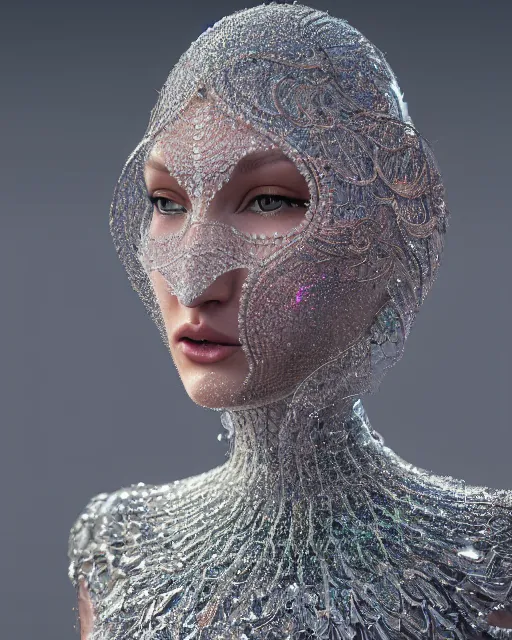 Prompt: a highly detailed metahuman 8 k close up render of bella hadid with a veil on her face renaissance in iris van herpen dress schiaparelli in diamonds crystals swarovski and jewelry iridescent in style of alphonse mucha trending on artstation made in unreal engine 4