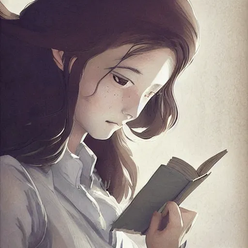 Image similar to a girl reading a book!!!, hair flowing down, symmetric, anatomically correct!, by hayao miyazaki, greg rutkowski