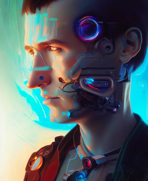 Image similar to a whirlwind inside the metaverse, guy, male, man, hologram, half body, neurochip, android, cyborg, cyberpunk face, by loish, d & d, fantasy, intricate, elegant, highly detailed, colorful, digital painting, artstation, concept art, art by artgerm and greg rutkowski and alphonse mucha