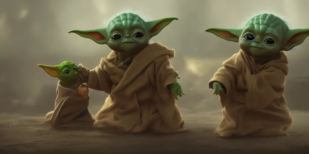 Prompt: Baby Yoda sitting is fighting Thanos, hyperdetailed, artstation, cgsociety, 8k