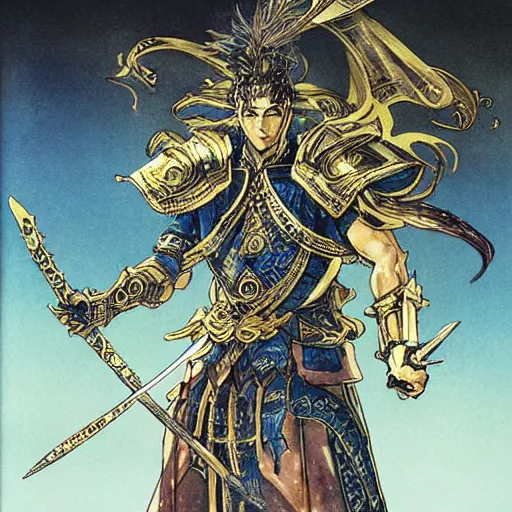 Image similar to a golden handsome magic swordsman with glides through a beautiful battlefield magic the gathering dramatic esoteric pen and ink illustrated in high detail by Yoshitaka Amano