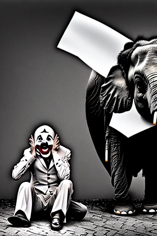 Image similar to A crying laughing clown, a black and white photograph of financial crisis with elephants and donkeys