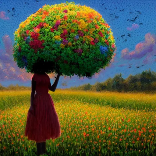 Image similar to afro made of flowers, full body, girl standing in a field with flowers, surreal photography, hills, big trees, sunrise dramatic light, impressionist painting, colorful clouds, digital painting, pointillism, artstation, simon stalenhag