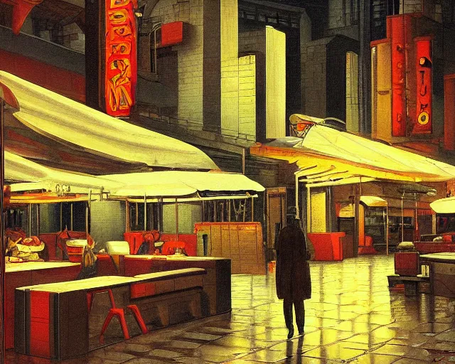 Image similar to last open food place in a cyberpunk city on a rainy melancholy night by de chirico