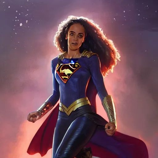 Image similar to Maisie Richardson-Sellers as Super Girl, western, D&D, fantasy, intricate, elegant, highly detailed, digital painting, artstation, concept art, matte, sharp focus, illustration, art by Artgerm and Greg Rutkowski and Alphonse Mucha