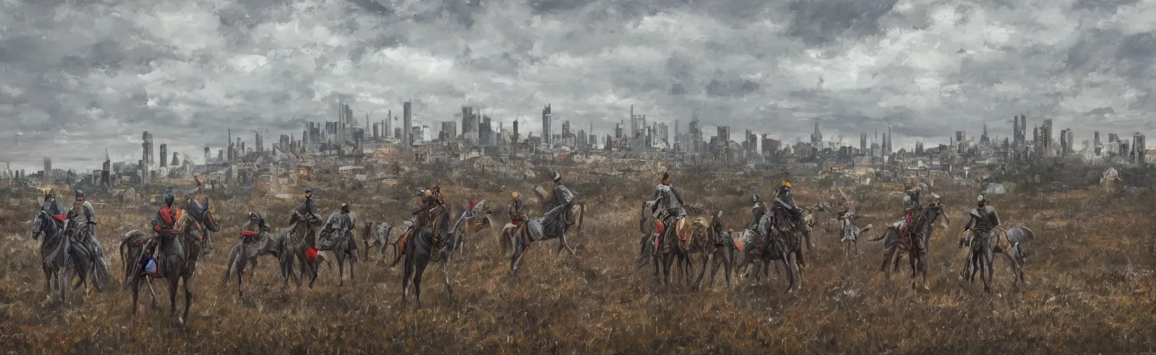 Image similar to horseback knights at scenic overlook; cloudy, grey skies, tents in foreground, fortress city of deteriorating office buildings in background upon hill, post apocalyptic, grungy; oil on canvas, artstation, neon