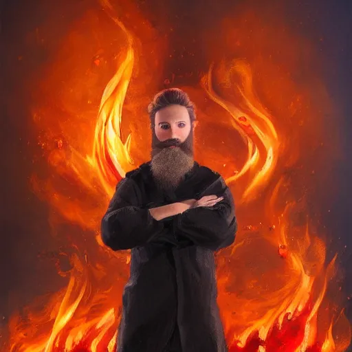 Prompt: grumpy young brown - red haired man with beard, wearing black coat, fire behind him, fire, oil painting, fantasy artwork, fantastic artwork, 4 k, trending on artstation